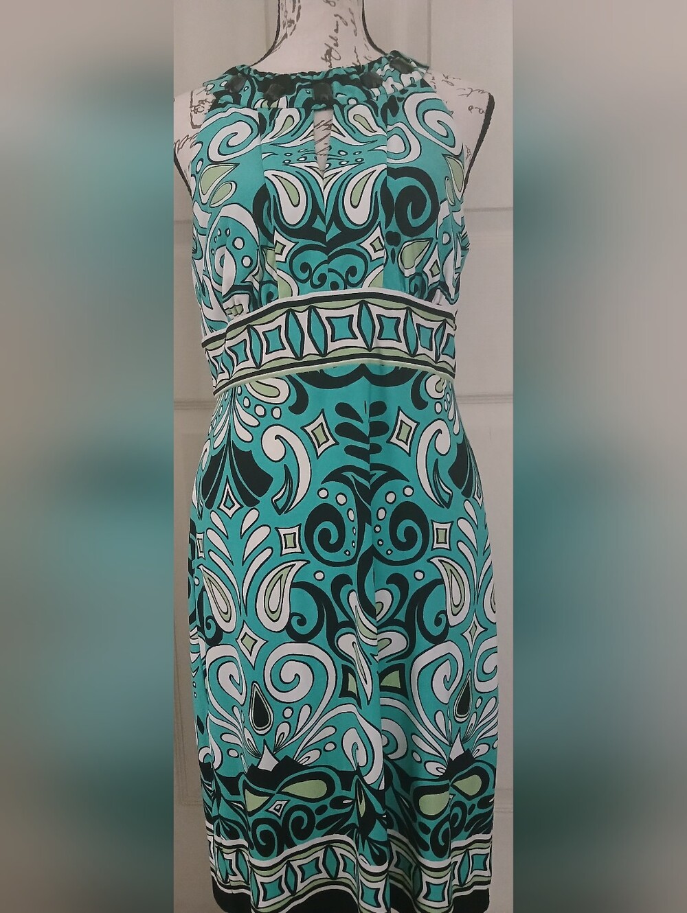5/$25 Enfocus Studio Teal and Black Patterned Dress